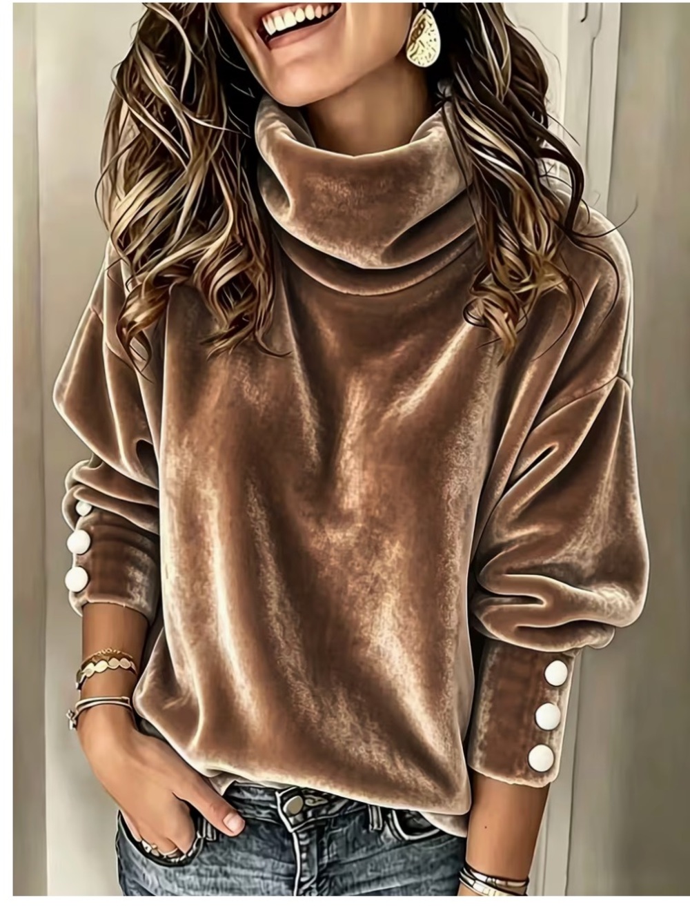Cozy Velvet Tan Turtleneck Sweater with Button Cuffs